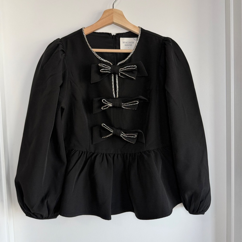 Tuckernuck Hyacinth House Blair Black Rhinestone Bow Long‎ Sleeve Blouse Small - Picture 3 of 11